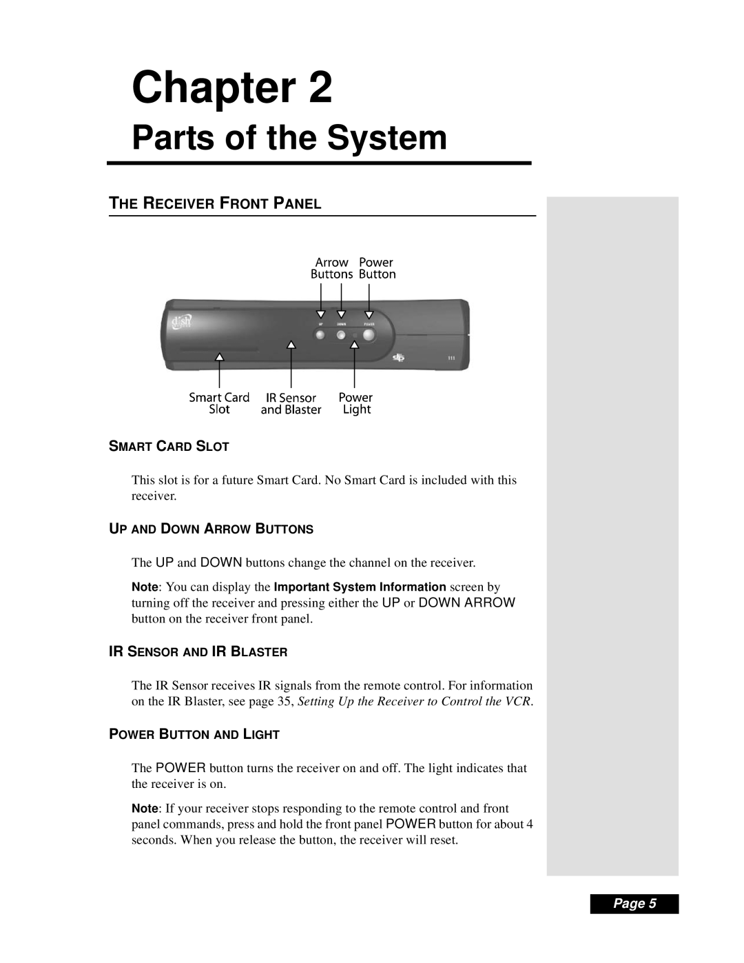 Dish Network Solo 111 manual Parts of the System, Receiver Front Panel 