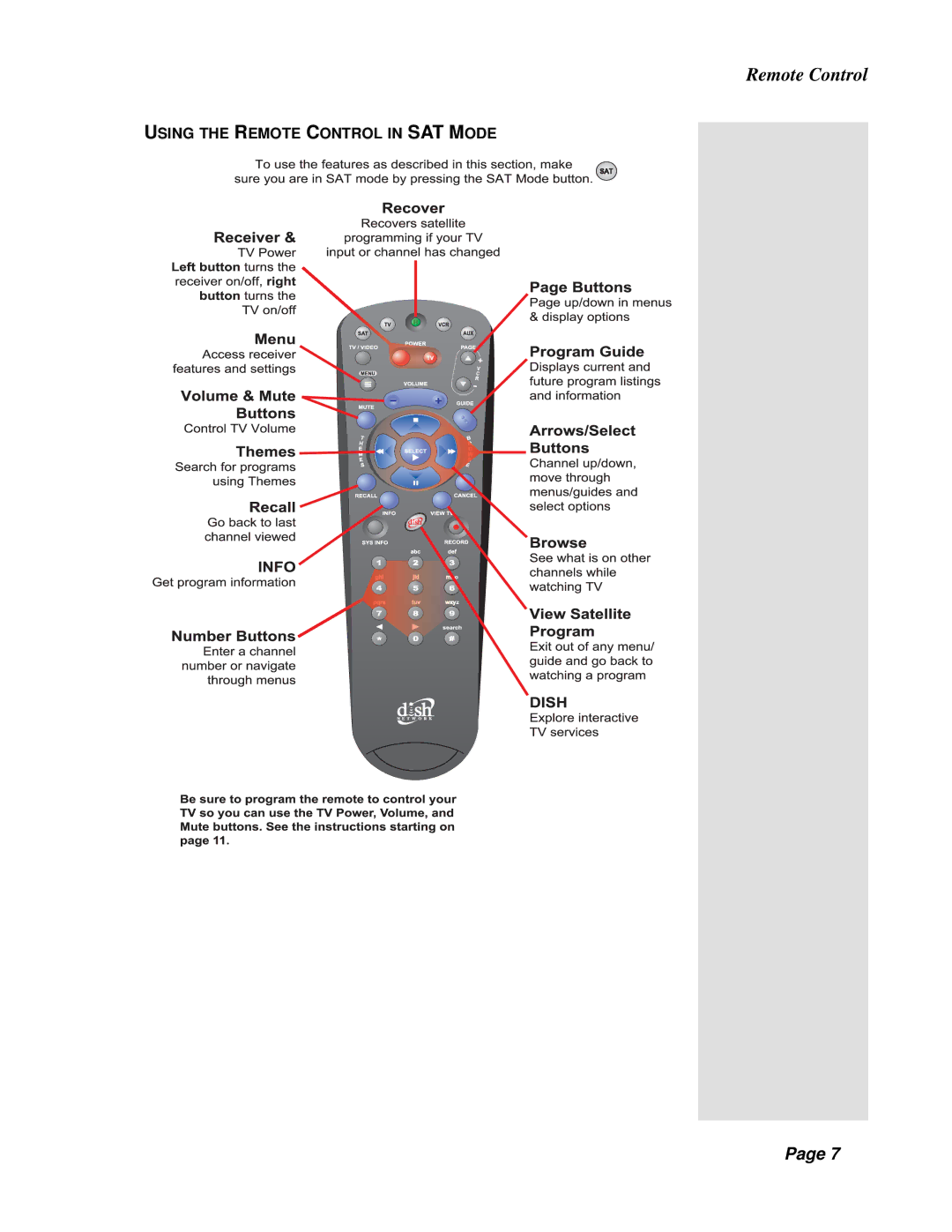 Dish Network Solo 301 manual Using the Remote Control in SAT Mode 