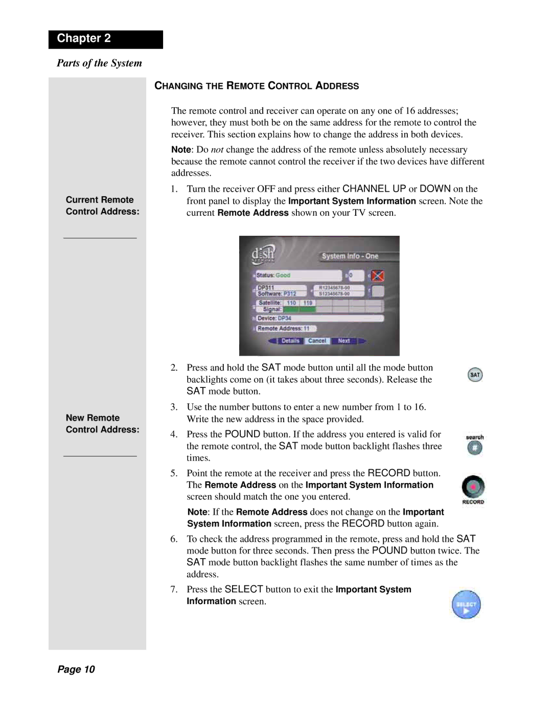 Dish Network Solo 301 manual Changing the Remote Control Address 