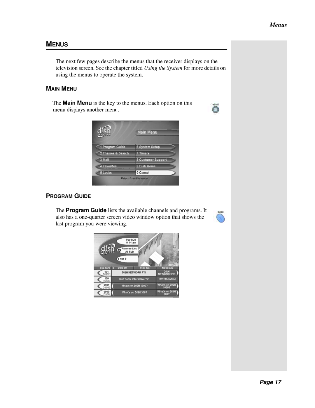 Dish Network Solo 301 manual Menus, Main Menu, Program Guide 