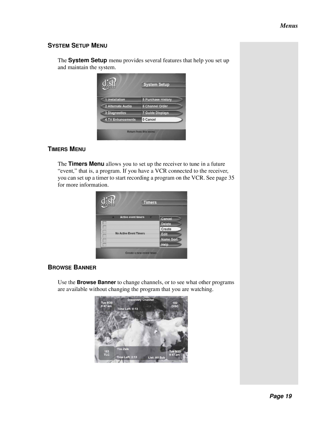 Dish Network Solo 301 manual System Setup Menu, Timers Menu, Browse Banner 