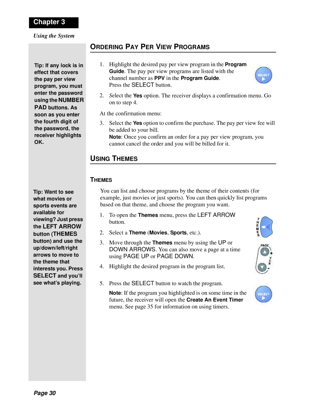 Dish Network Solo 301 manual Ordering PAY PER View Programs, Using Themes 