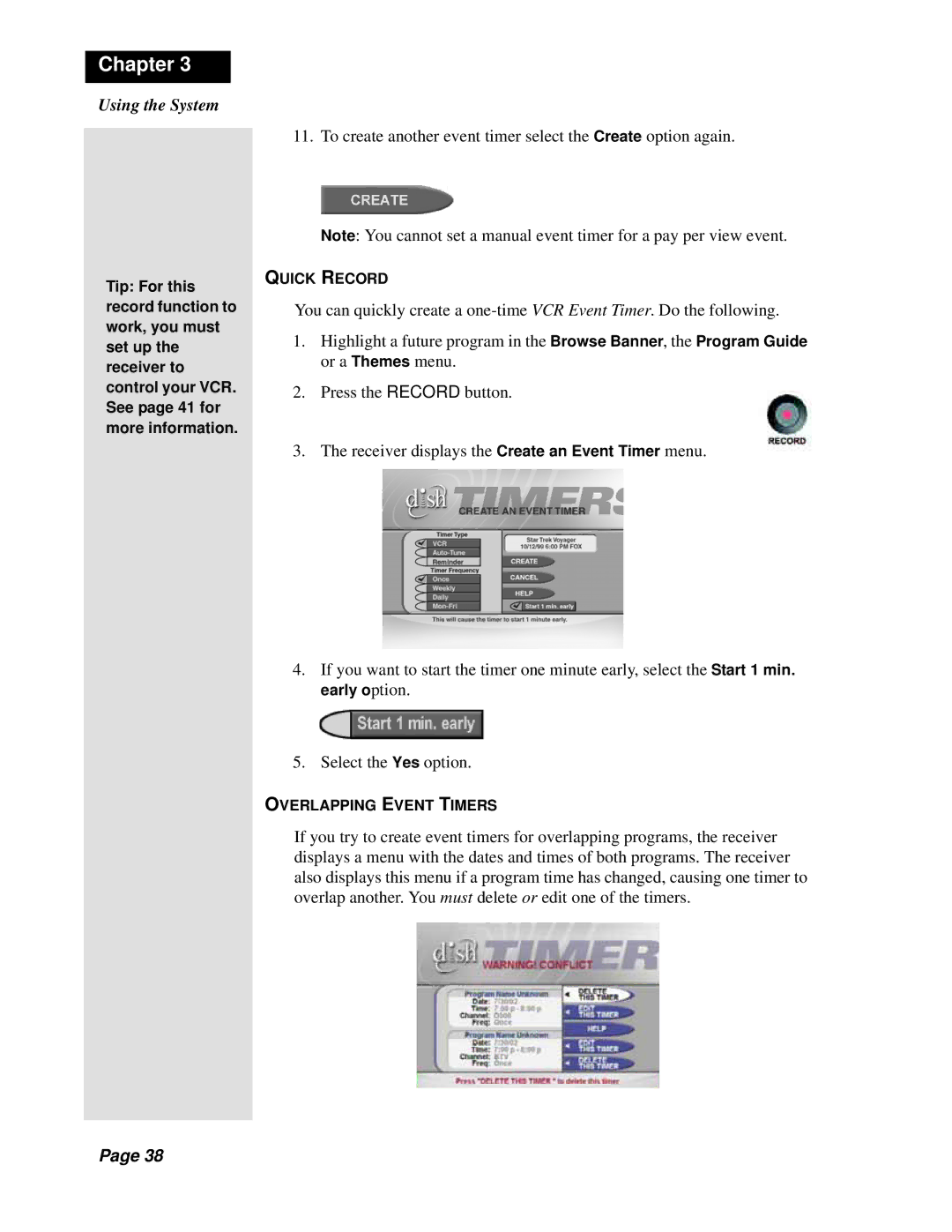 Dish Network Solo 301 manual Quick Record, Overlapping Event Timers 