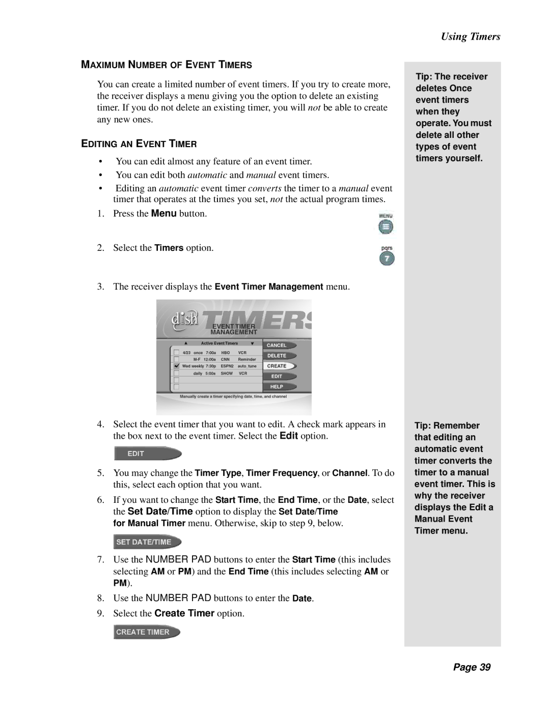 Dish Network Solo 301 manual Maximum Number of Event Timers, Editing AN Event Timer 