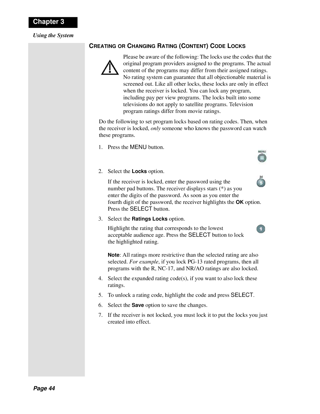 Dish Network Solo 301 manual Creating or Changing Rating Content Code Locks 