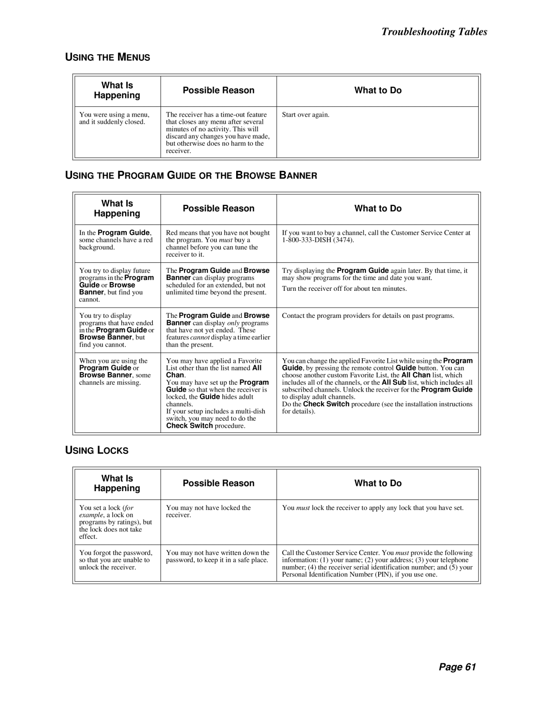 Dish Network Solo 301 manual Using the Menus, Using the Program Guide or the Browse Banner, Using Locks 