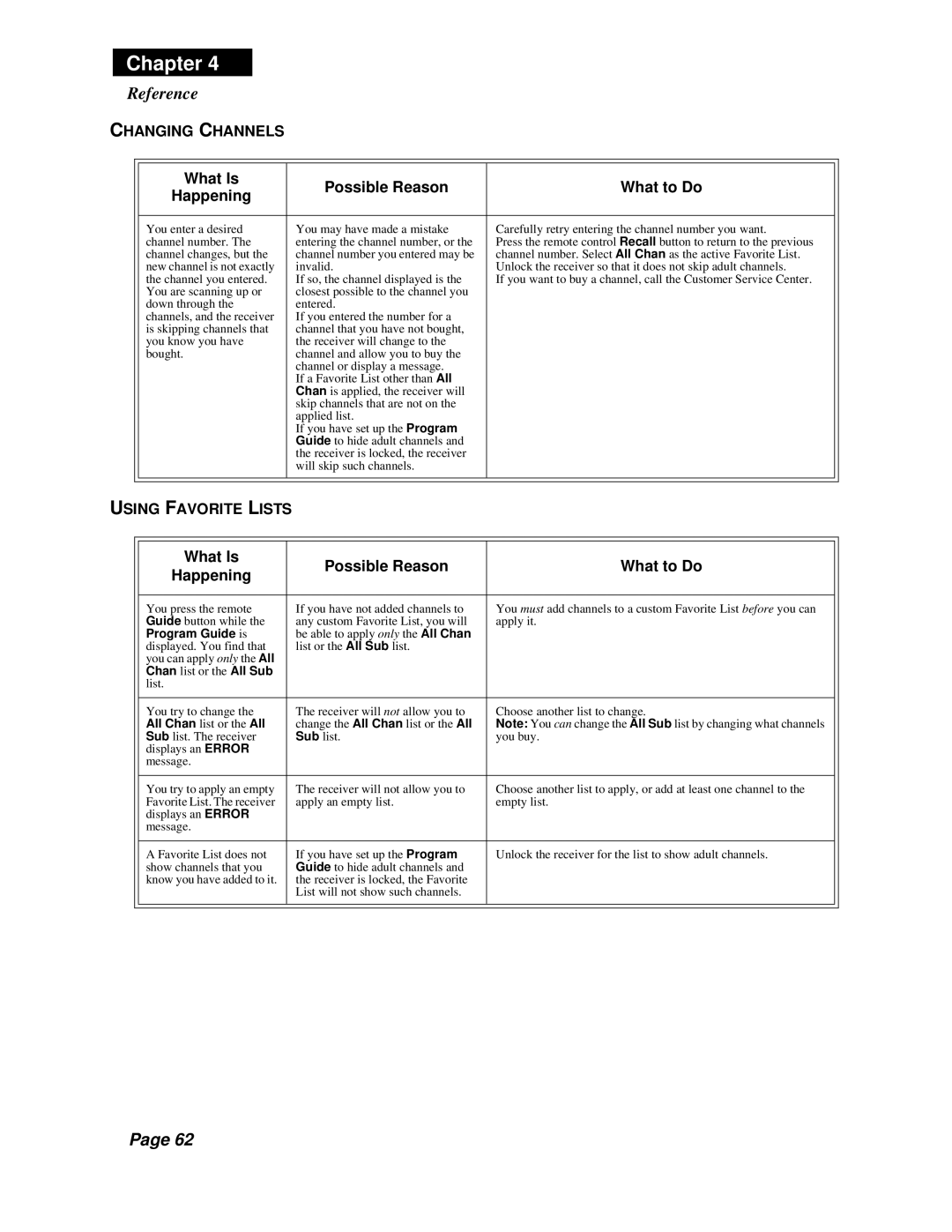 Dish Network Solo 301 manual Changing Channels, Using Favorite Lists 