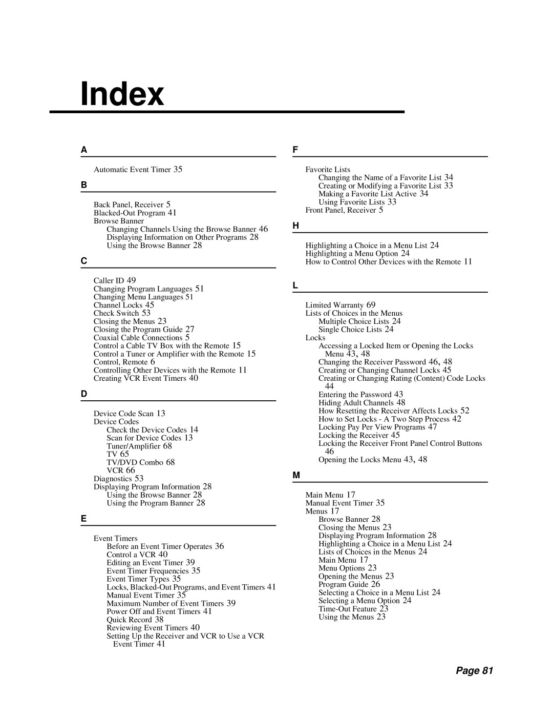 Dish Network Solo 311 manual Index 