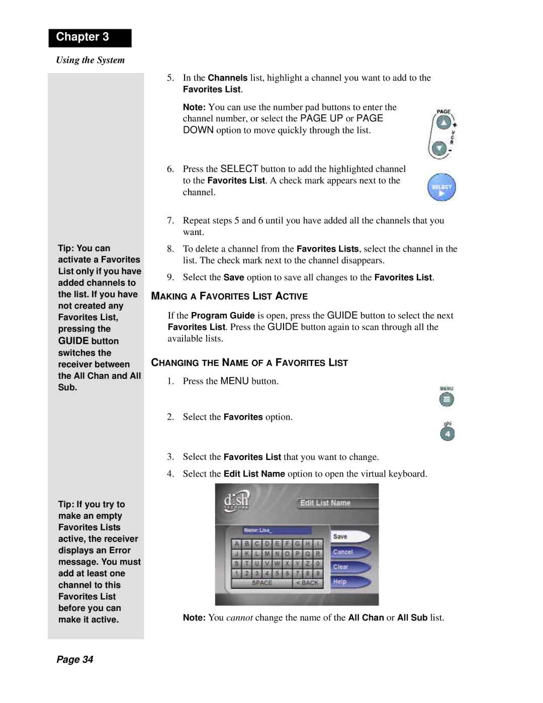 Dish Network Solo 311 manual Making a Favorites List Active, Changing the Name of a Favorites List 