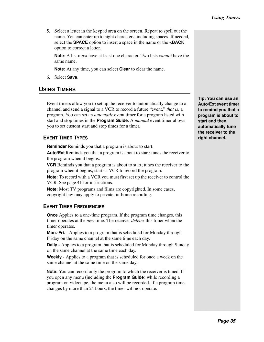 Dish Network Solo 311 manual Using Timers, Event Timer Types, Event Timer Frequencies 