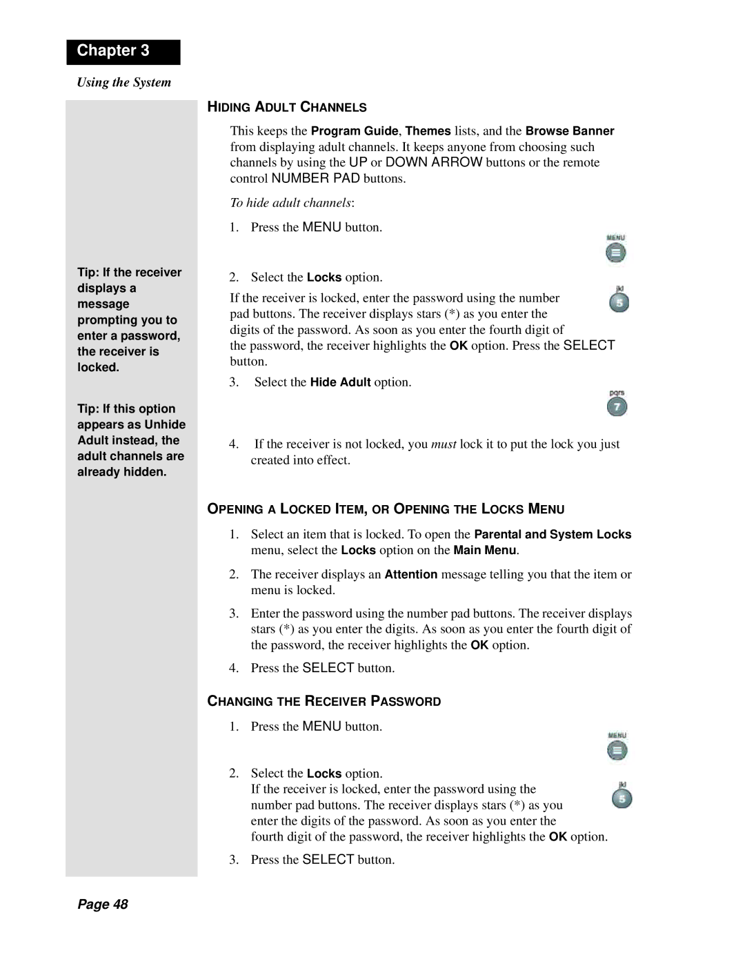 Dish Network Solo 311 manual Hiding Adult Channels, Opening a Locked ITEM, or Opening the Locks Menu 