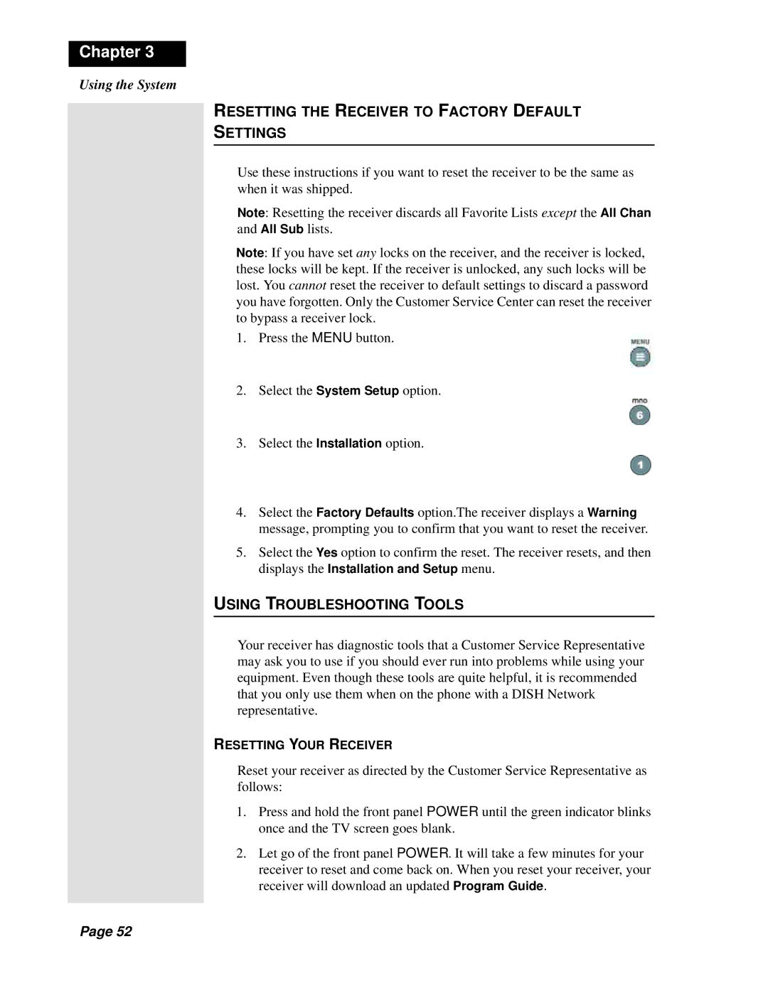 Dish Network Solo 311 manual Resetting the Receiver to Factory Default Settings, Using Troubleshooting Tools 