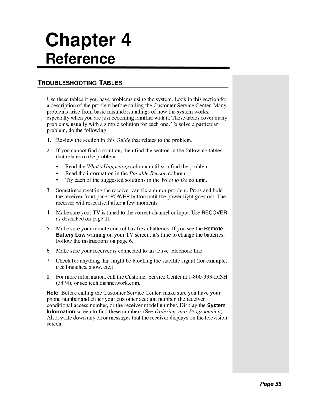 Dish Network Solo 311 manual Reference, Troubleshooting Tables 