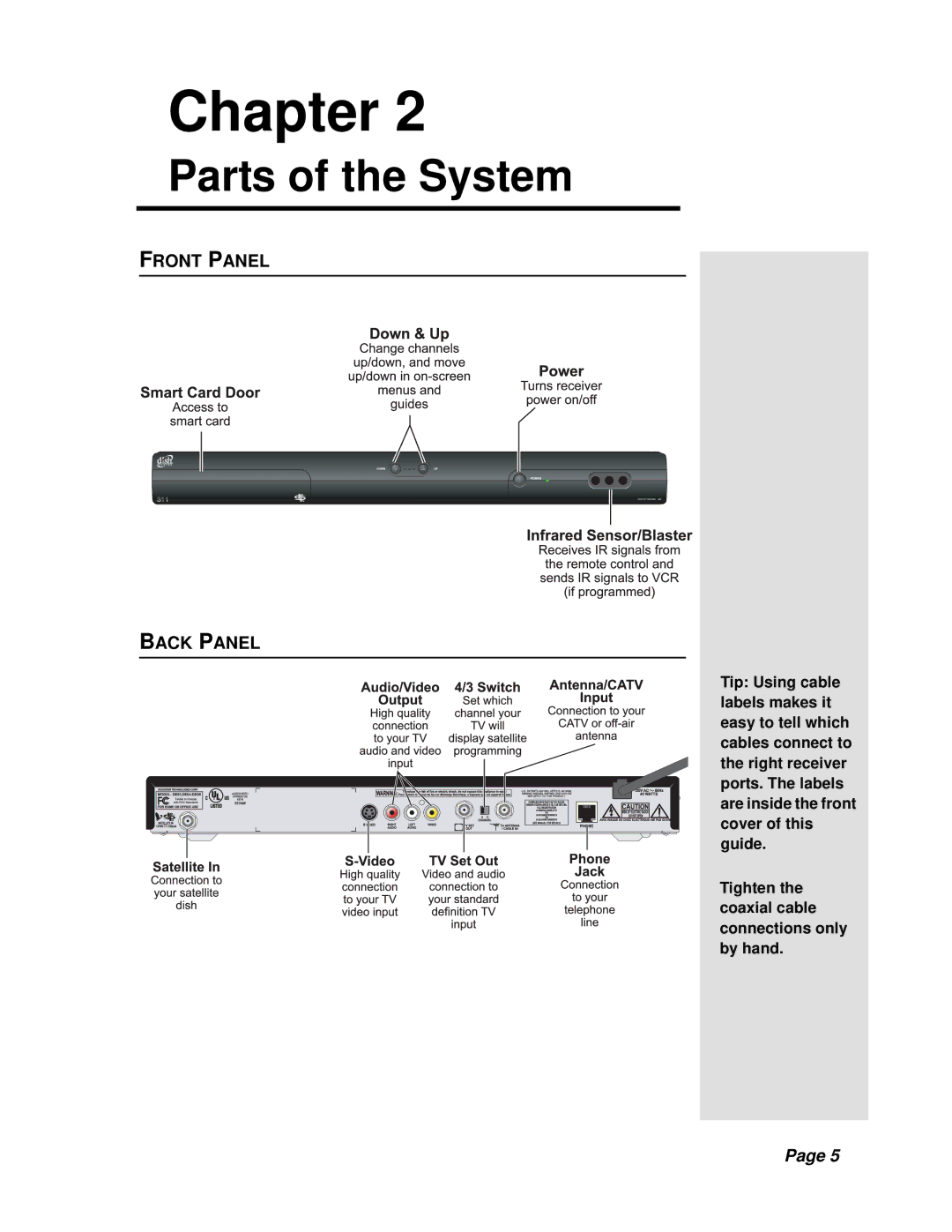 Dish Network Solo 311 manual Parts of the System, Front Panel Back Panel 