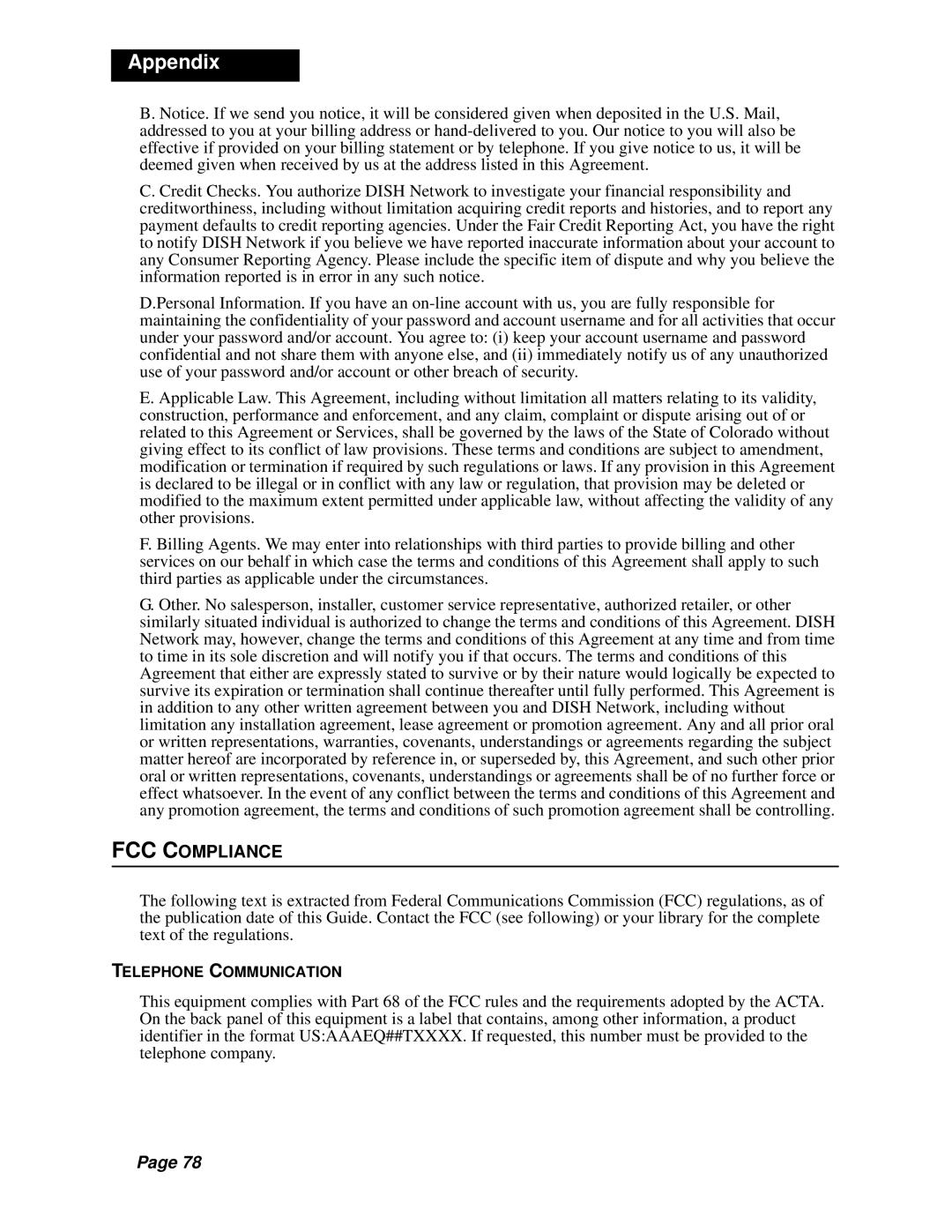 Dish Network Solo 311 manual FCC Compliance, Telephone Communication 