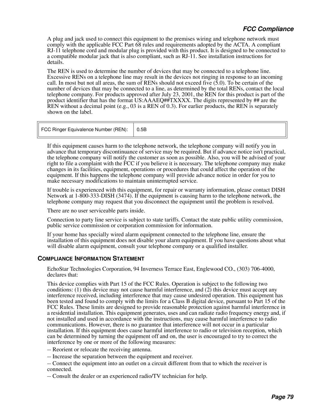 Dish Network Solo 311 manual FCC Compliance, Compliance Information Statement 