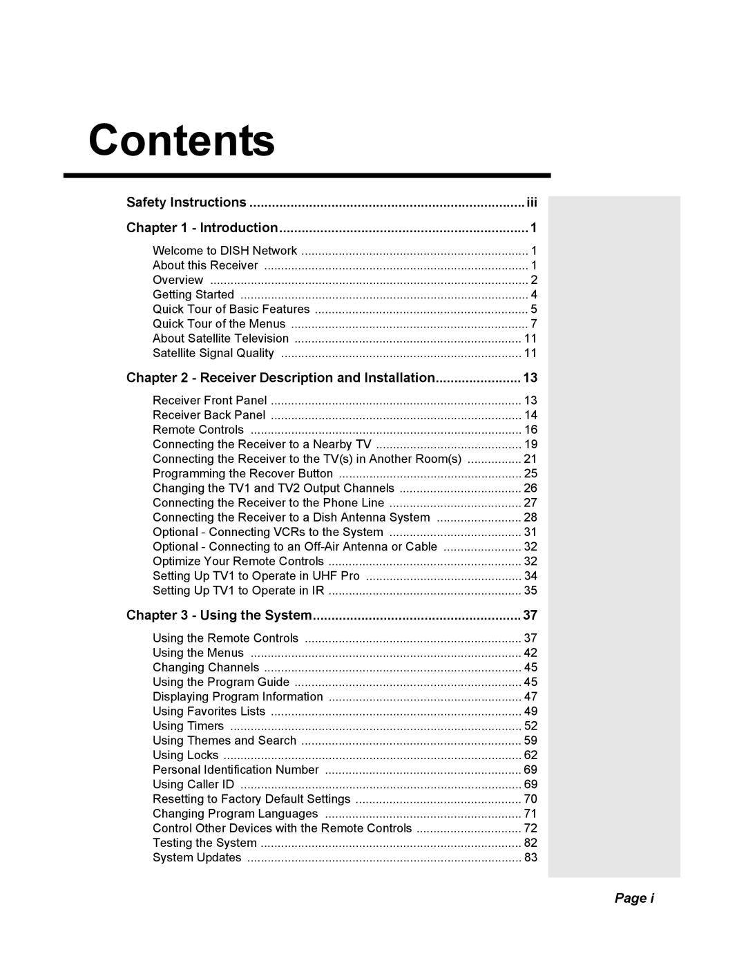 Dish Network Solo 351 manual Contents 