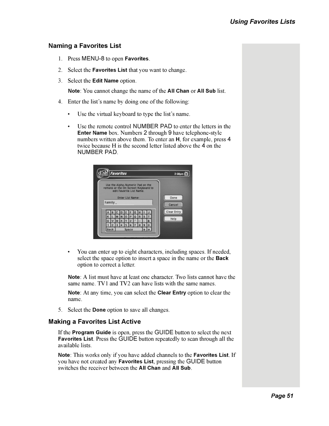 Dish Network Solo 351 manual Naming a Favorites List, Making a Favorites List Active 