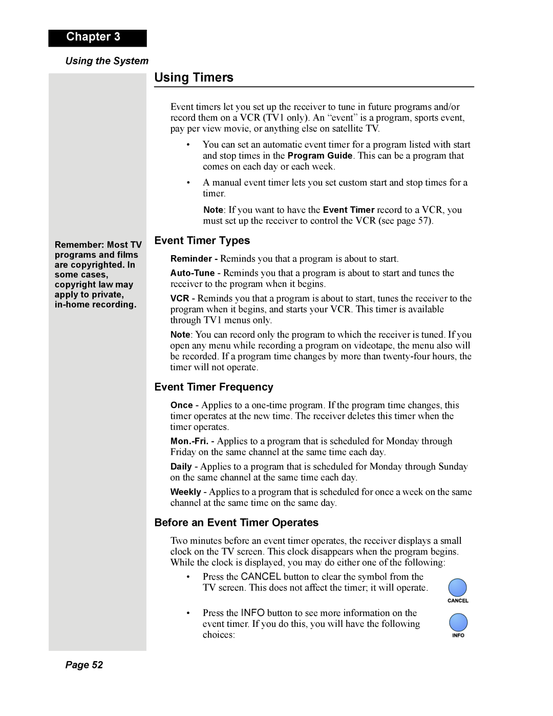 Dish Network Solo 351 manual Using Timers, Event Timer Types, Event Timer Frequency, Before an Event Timer Operates 