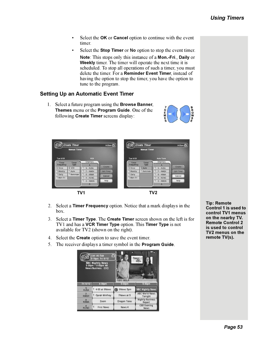 Dish Network Solo 351 manual Using Timers, Setting Up an Automatic Event Timer 