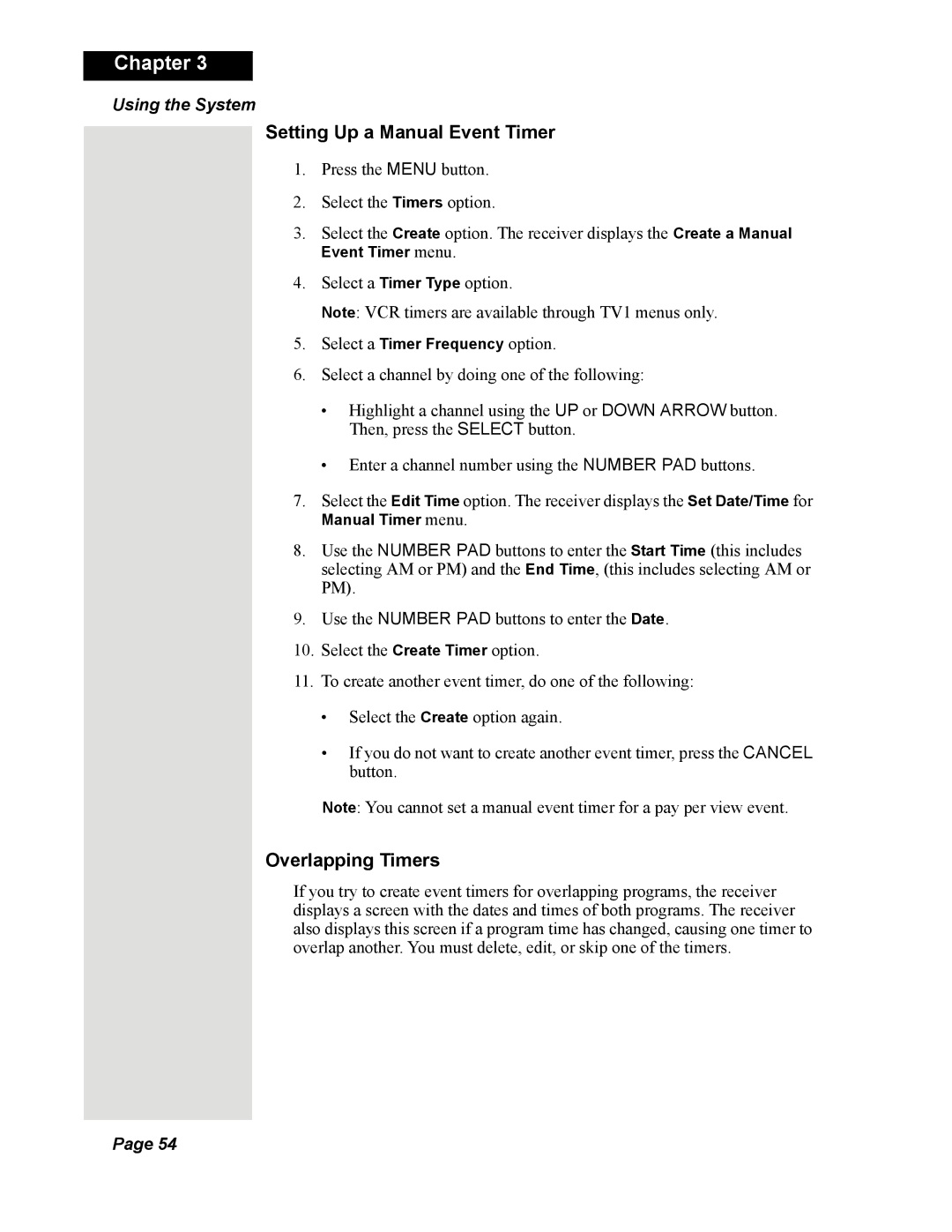 Dish Network Solo 351 manual Setting Up a Manual Event Timer, Overlapping Timers 