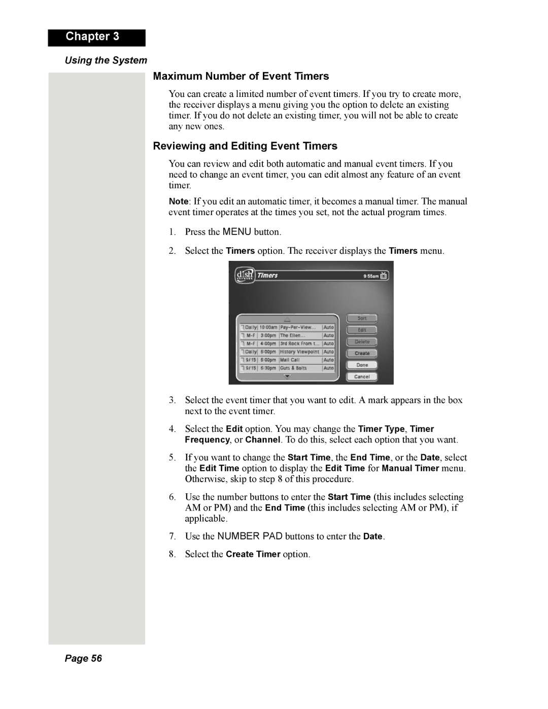 Dish Network Solo 351 manual Maximum Number of Event Timers, Reviewing and Editing Event Timers 