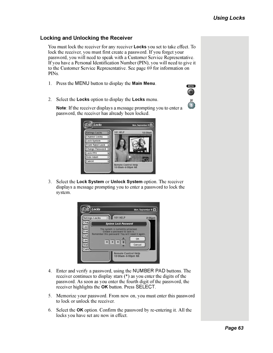 Dish Network Solo 351 manual Using Locks, Locking and Unlocking the Receiver 