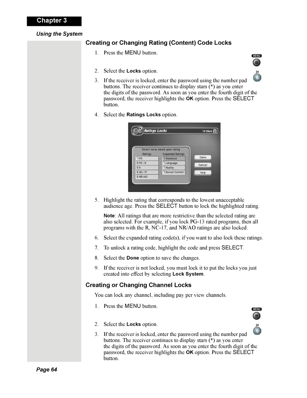 Dish Network Solo 351 manual Creating or Changing Rating Content Code Locks, Creating or Changing Channel Locks 