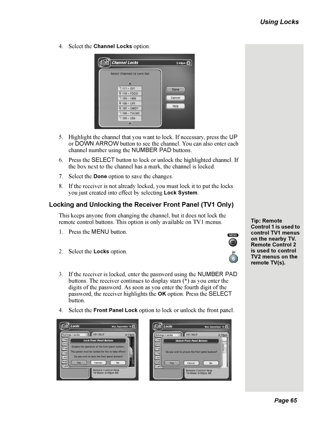 Dish Network Solo 351 manual Locking and Unlocking the Receiver Front Panel TV1 Only 