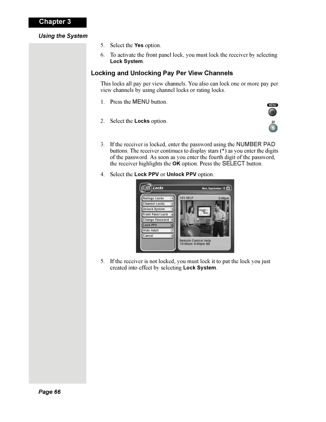 Dish Network Solo 351 manual Locking and Unlocking Pay Per View Channels 