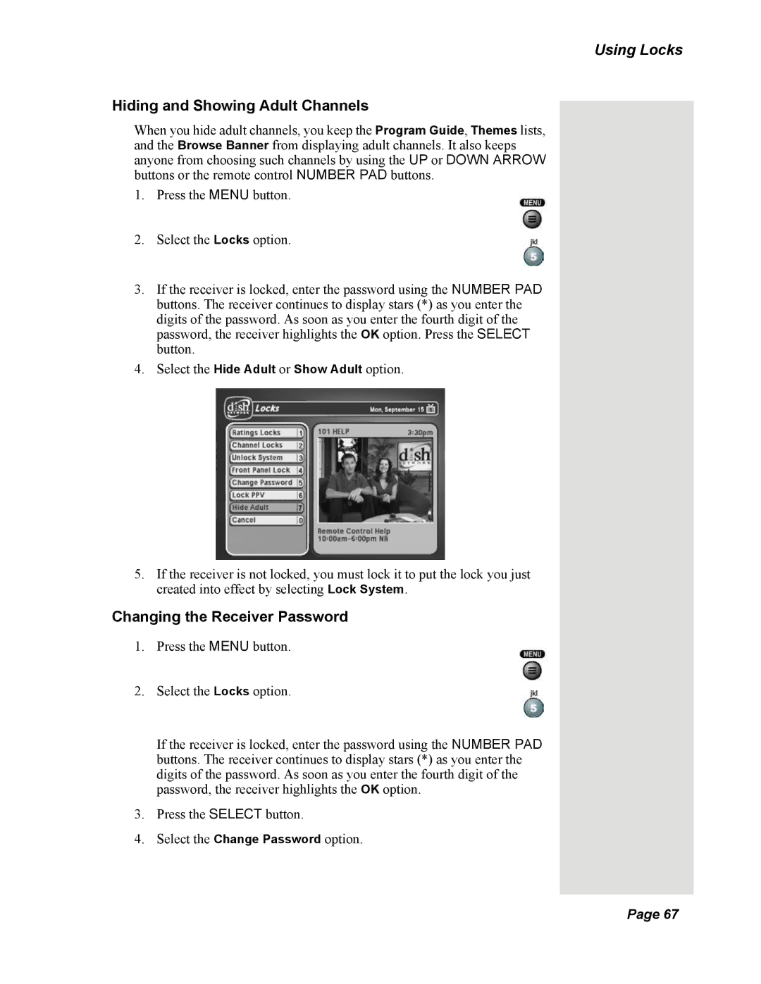 Dish Network Solo 351 manual Hiding and Showing Adult Channels, Changing the Receiver Password 
