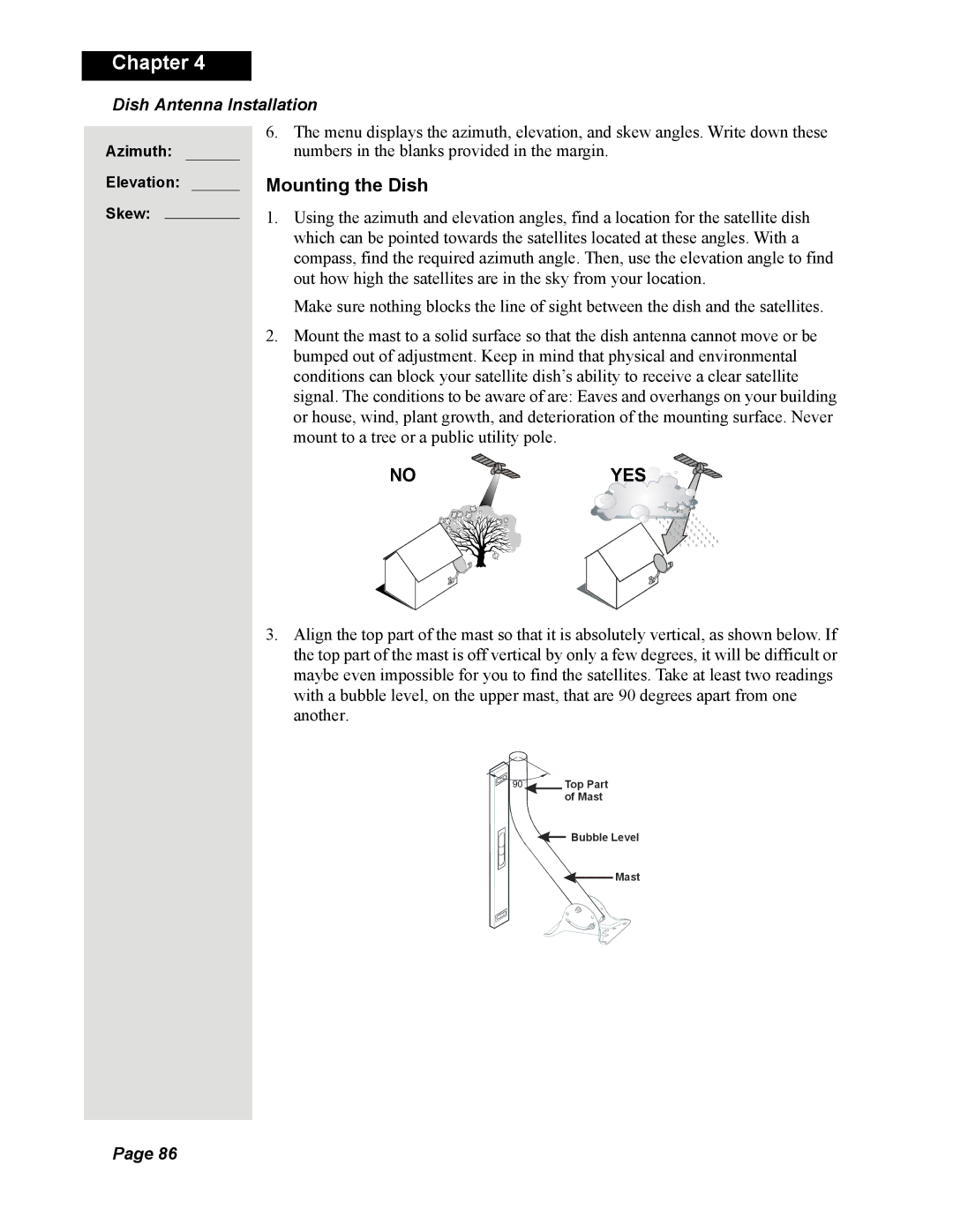 Dish Network Solo 351 manual Mounting the Dish, Dish Antenna Installation 