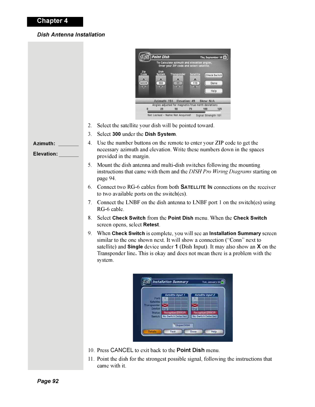 Dish Network Solo 351 manual Azimuth Elevation 