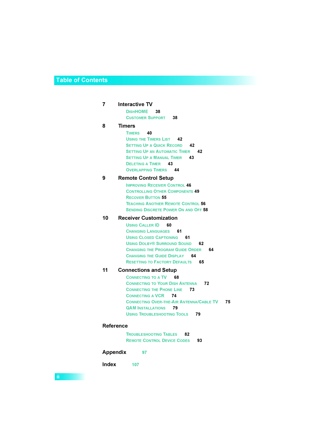 Dish Network Solo 381 manual Table of Contents 