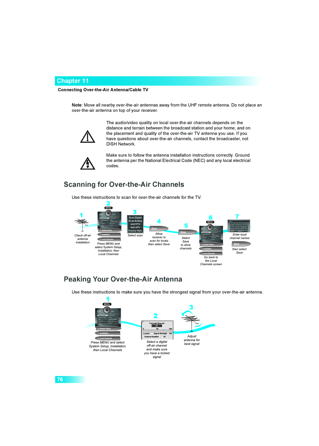 Dish Network Solo 381 manual Scanning for Over-the-Air Channels, Peaking Your Over-the-Air Antenna 