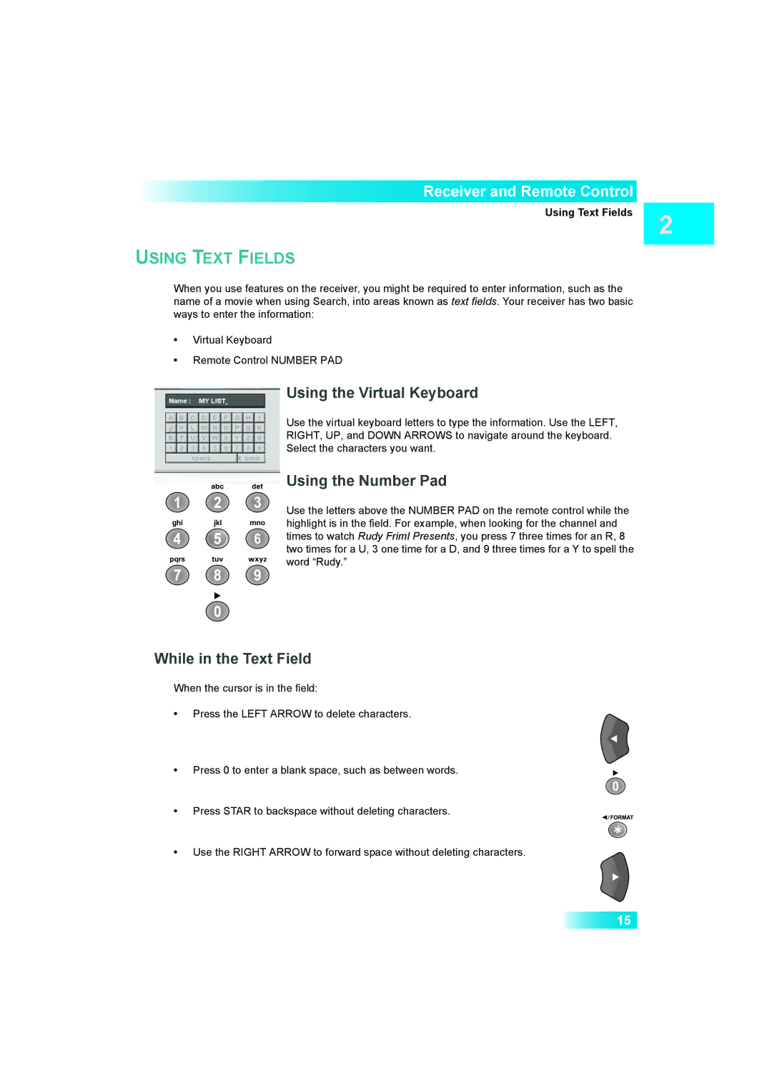 Dish Network Solo 381 manual Using the Virtual Keyboard, Using Text Fields 