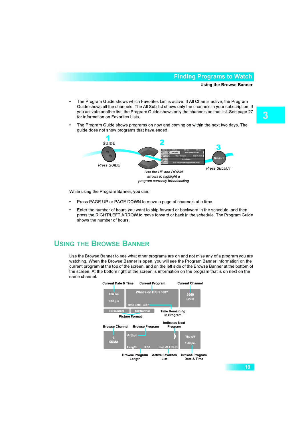 Dish Network Solo 381 manual Finding Programs to Watch, Using the Browse Banner 