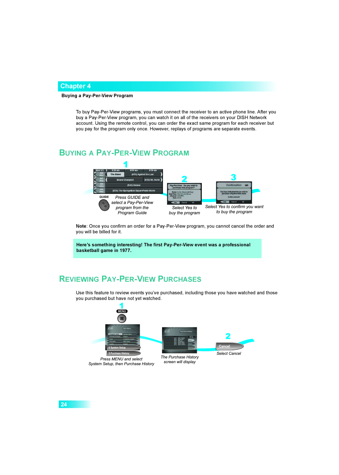 Dish Network Solo 381 manual Buying a PAY-PER-VIEW Program, Buying a Pay-Per-View Program 