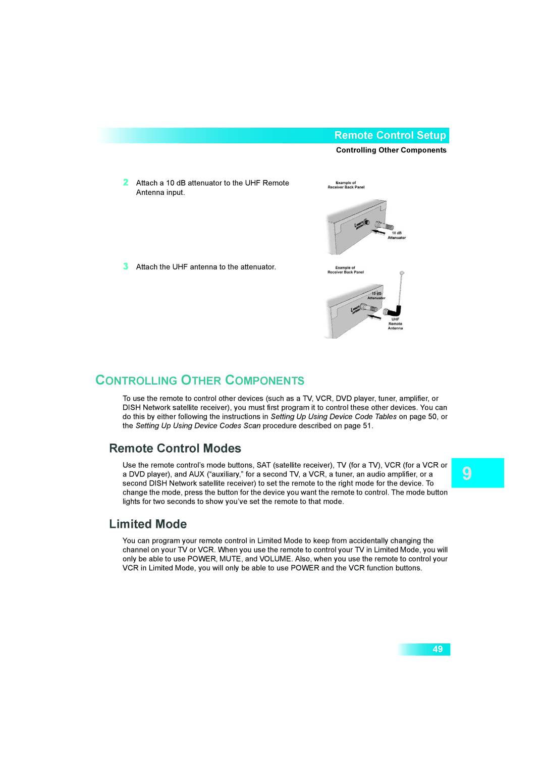 Dish Network Solo 381 manual Remote Control Modes, Limited Mode, Controlling Other Components 