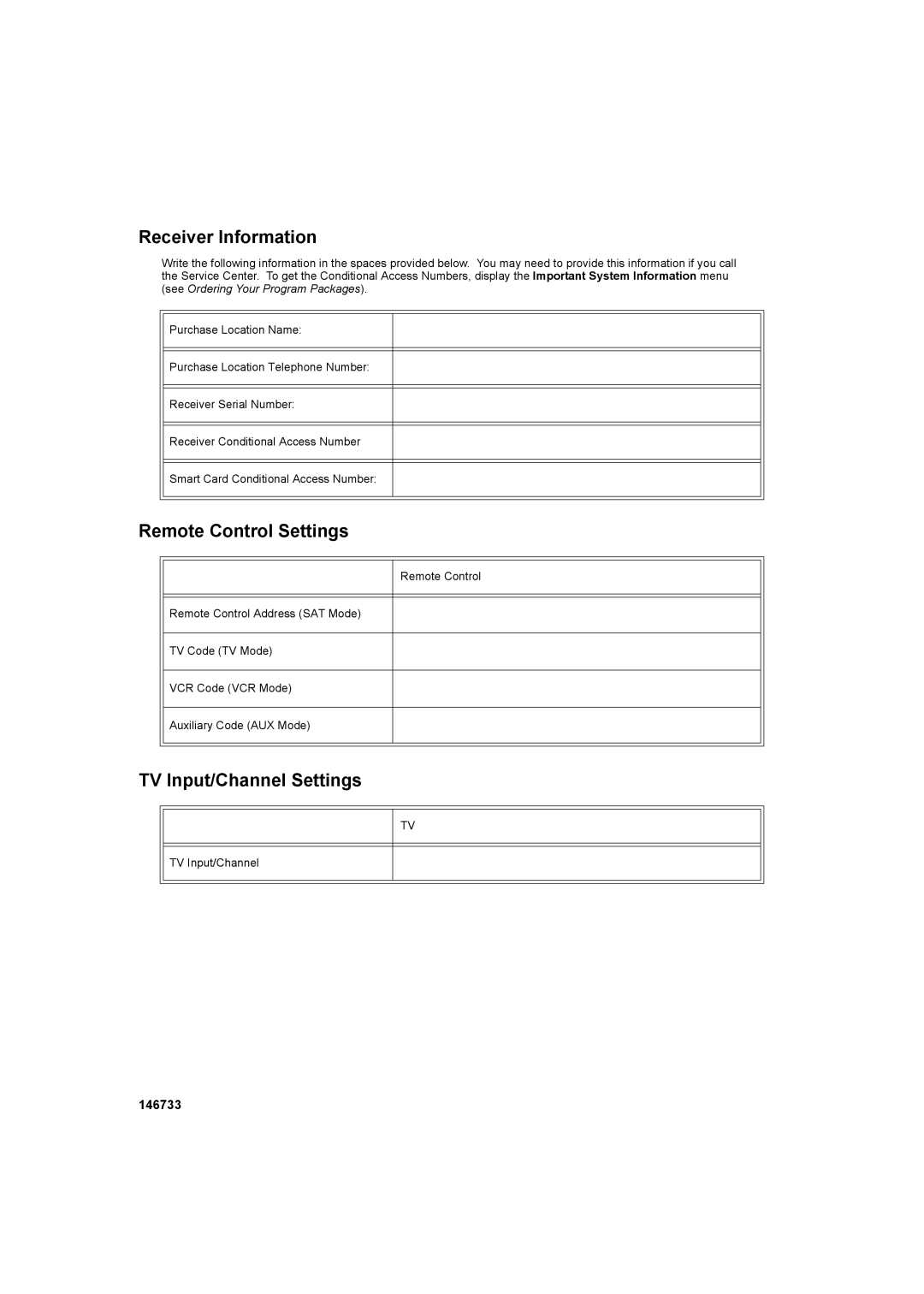 Dish Network Solo 381 manual Receiver Information, Remote Control Settings, TV Input/Channel Settings, 146733 