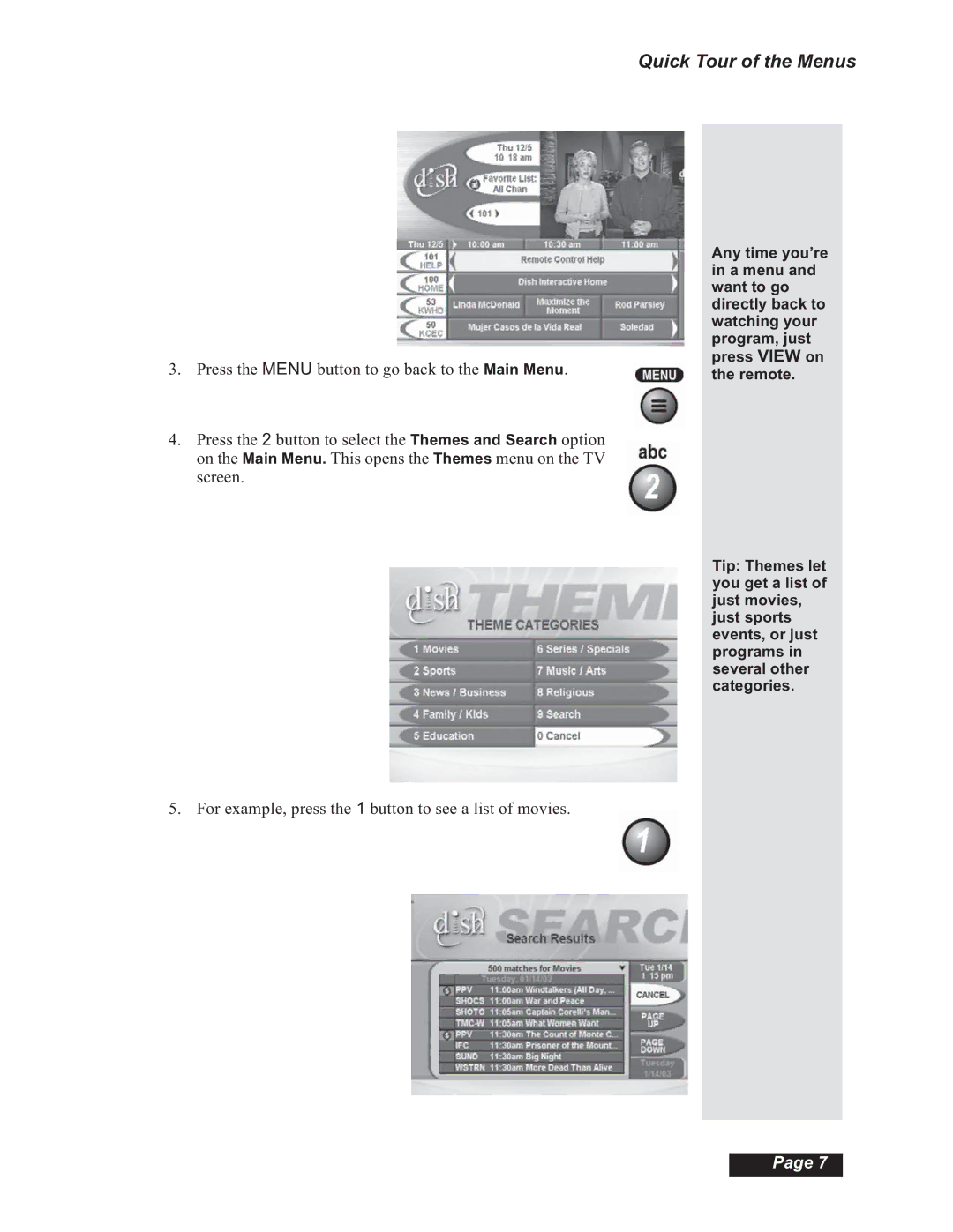 Dish Network 112182, Solo 508, Solo 501, Solo 510 manual Quick Tour of the Menus 