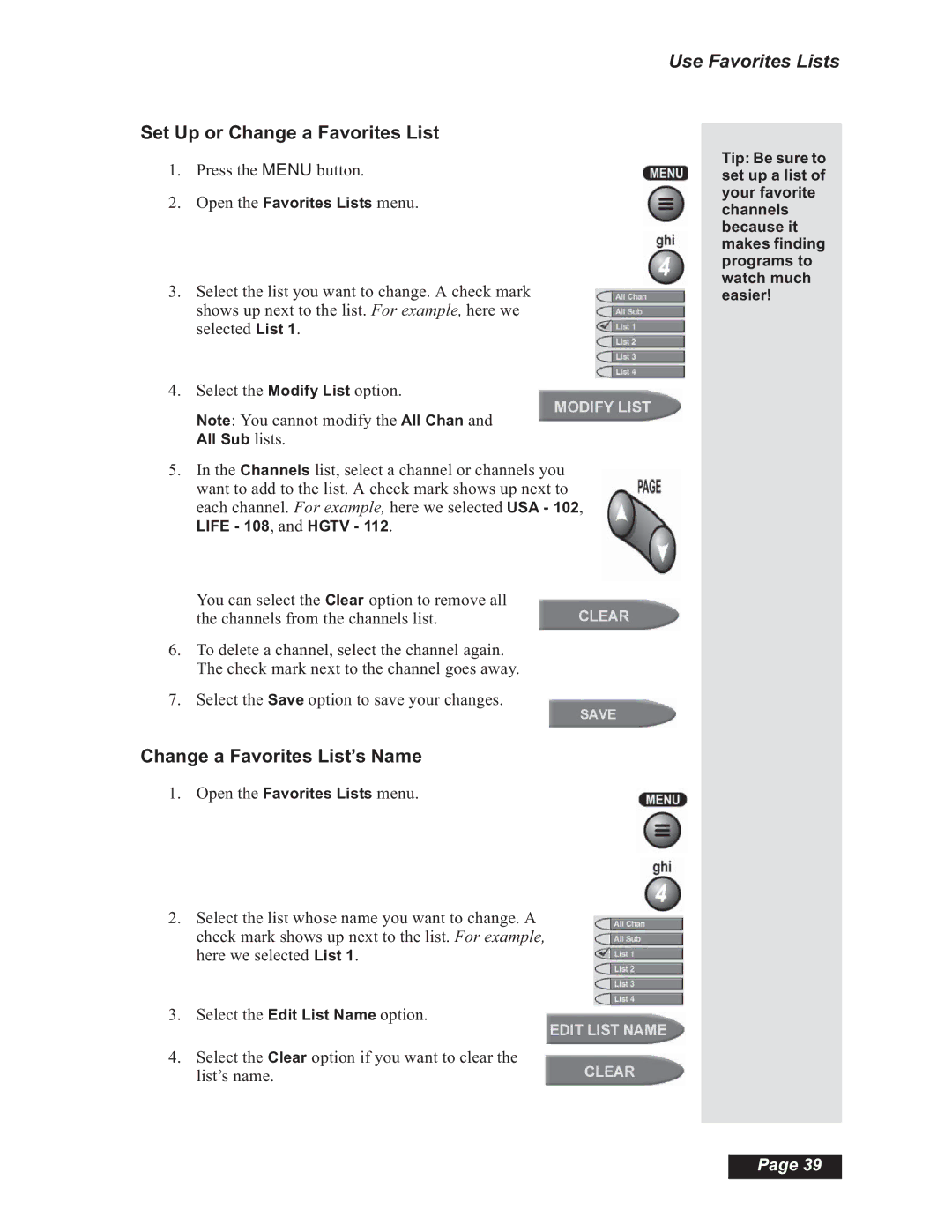 Dish Network 112182, Solo 508 manual Set Up or Change a Favorites List, Change a Favorites List’s Name, Use Favorites Lists 