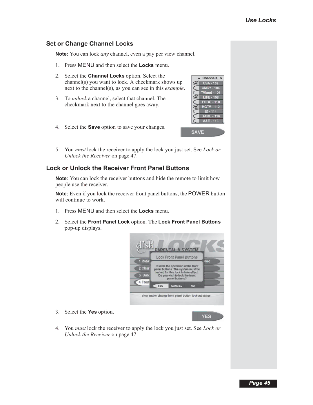 Dish Network Solo 501, Solo 508, Solo 510 manual Set or Change Channel Locks, Lock or Unlock the Receiver Front Panel Buttons 