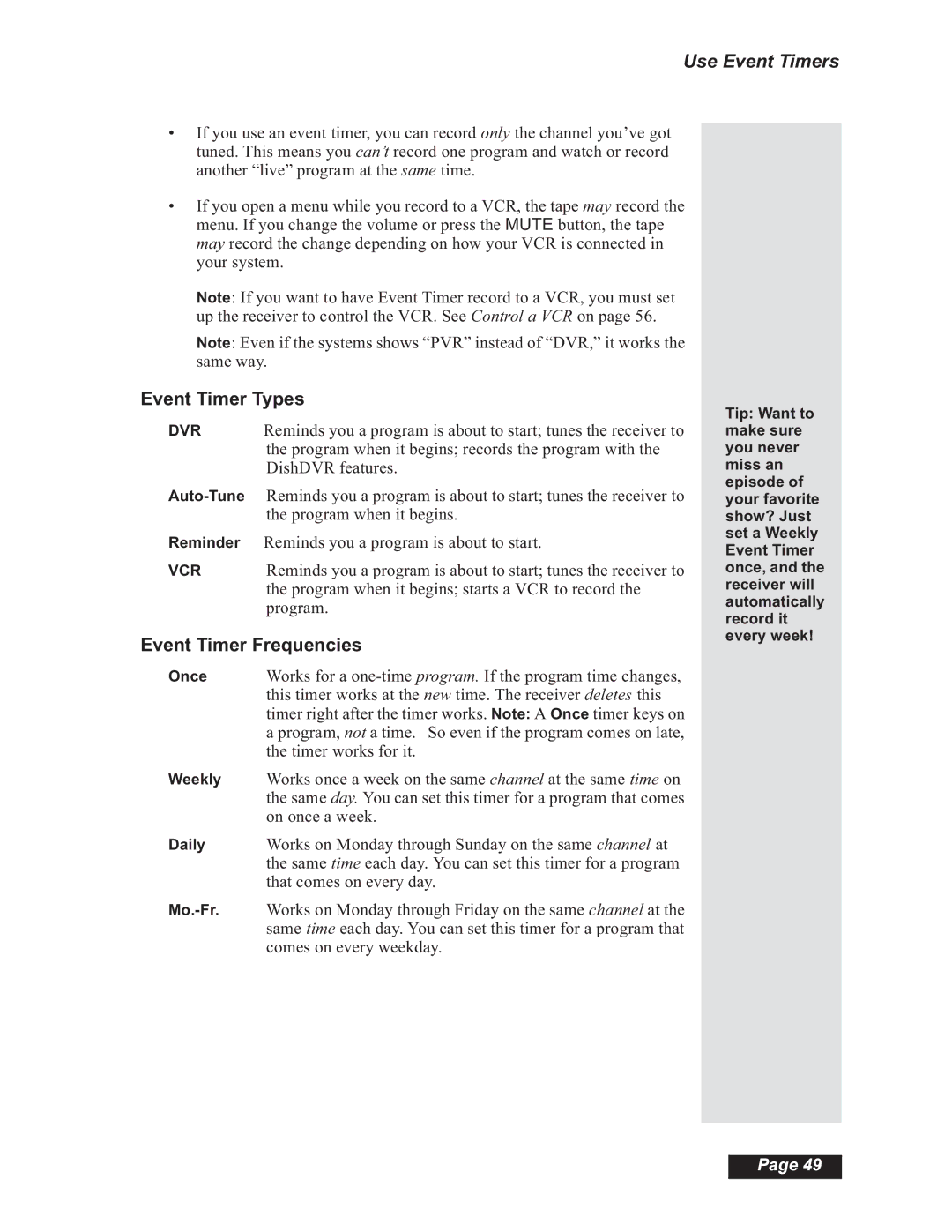 Dish Network Solo 501, Solo 508, Solo 510, 112182 manual Use Event Timers, Event Timer Types, Event Timer Frequencies 