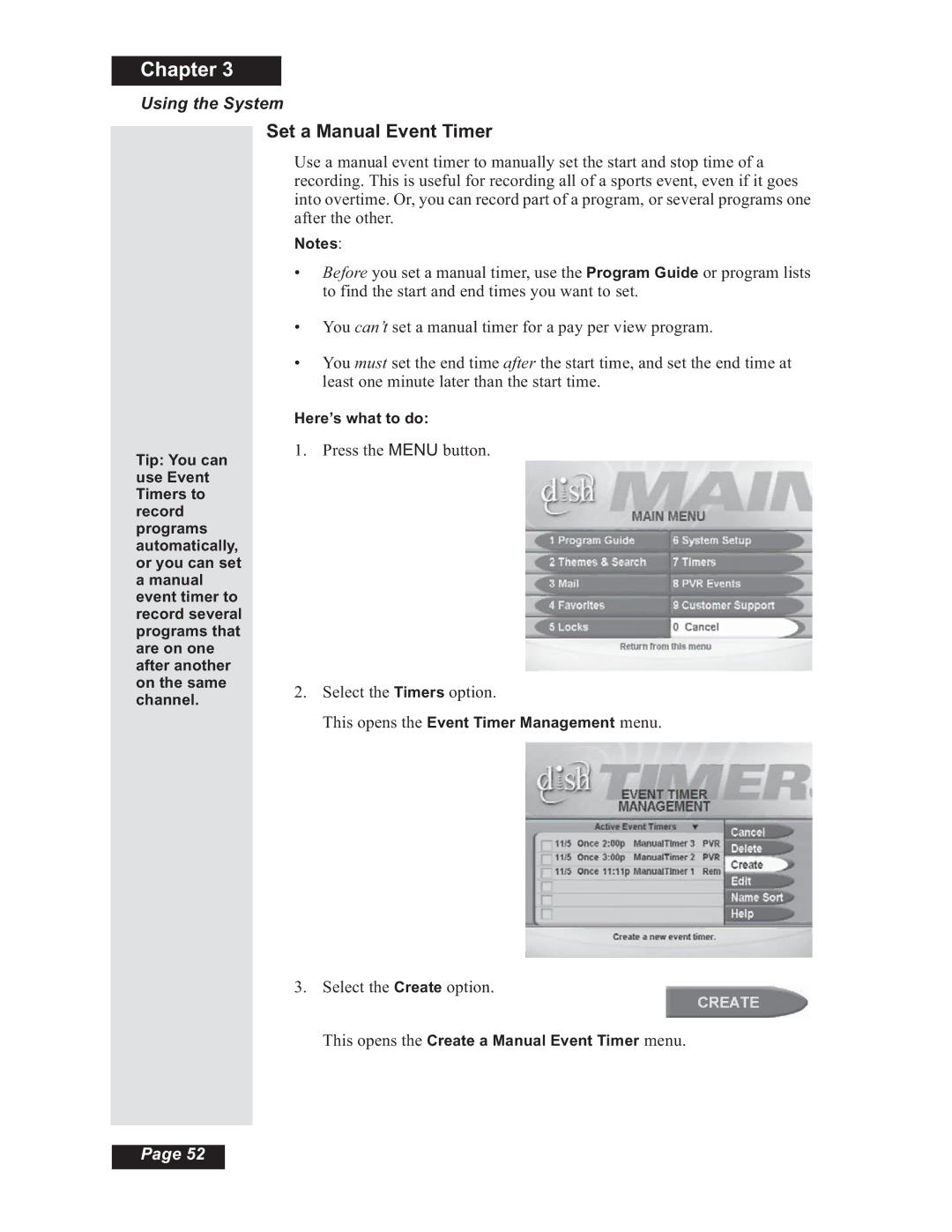 Dish Network Solo 508, Solo 501, Solo 510, 112182 manual Set a Manual Event Timer 