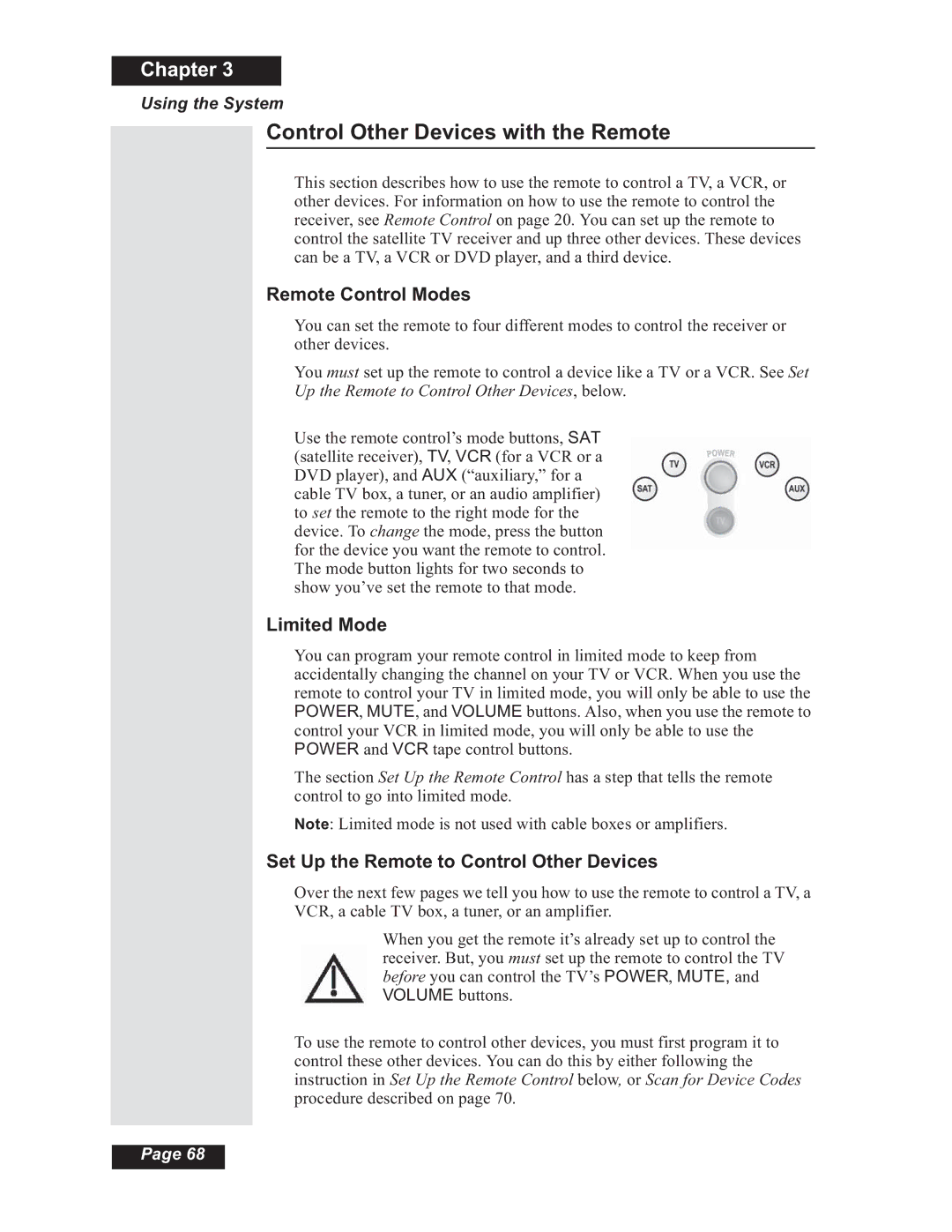 Dish Network Solo 508, Solo 501, Solo 510, 112182 Control Other Devices with the Remote, Remote Control Modes, Limited Mode 