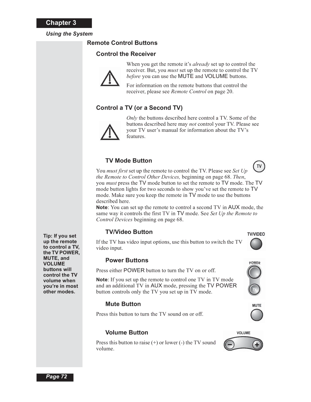 Dish Network Solo 508, Solo 501 Remote Control Buttons Control the Receiver, Control a TV or a Second TV, TV Mode Button 