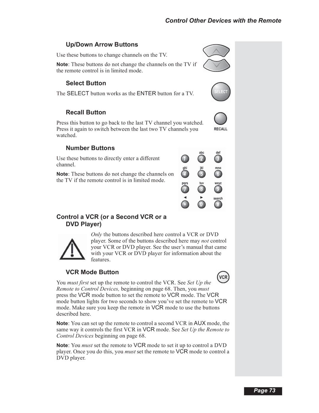 Dish Network Solo 501, Solo 508 manual Up/Down Arrow Buttons, Control a VCR or a Second VCR or a DVD Player, VCR Mode Button 