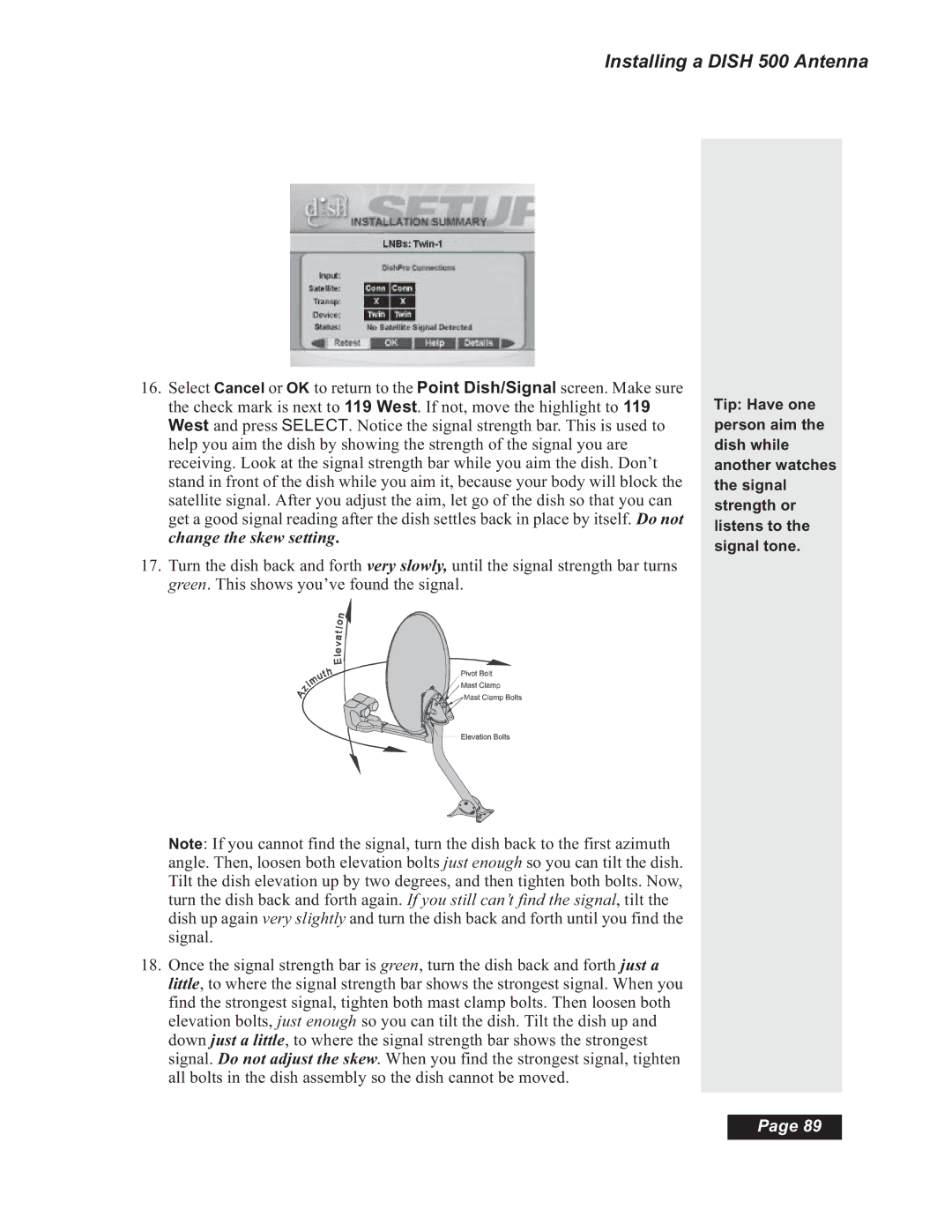 Dish Network Solo 501, Solo 508, Solo 510, 112182 manual Installing a Dish 500 Antenna 