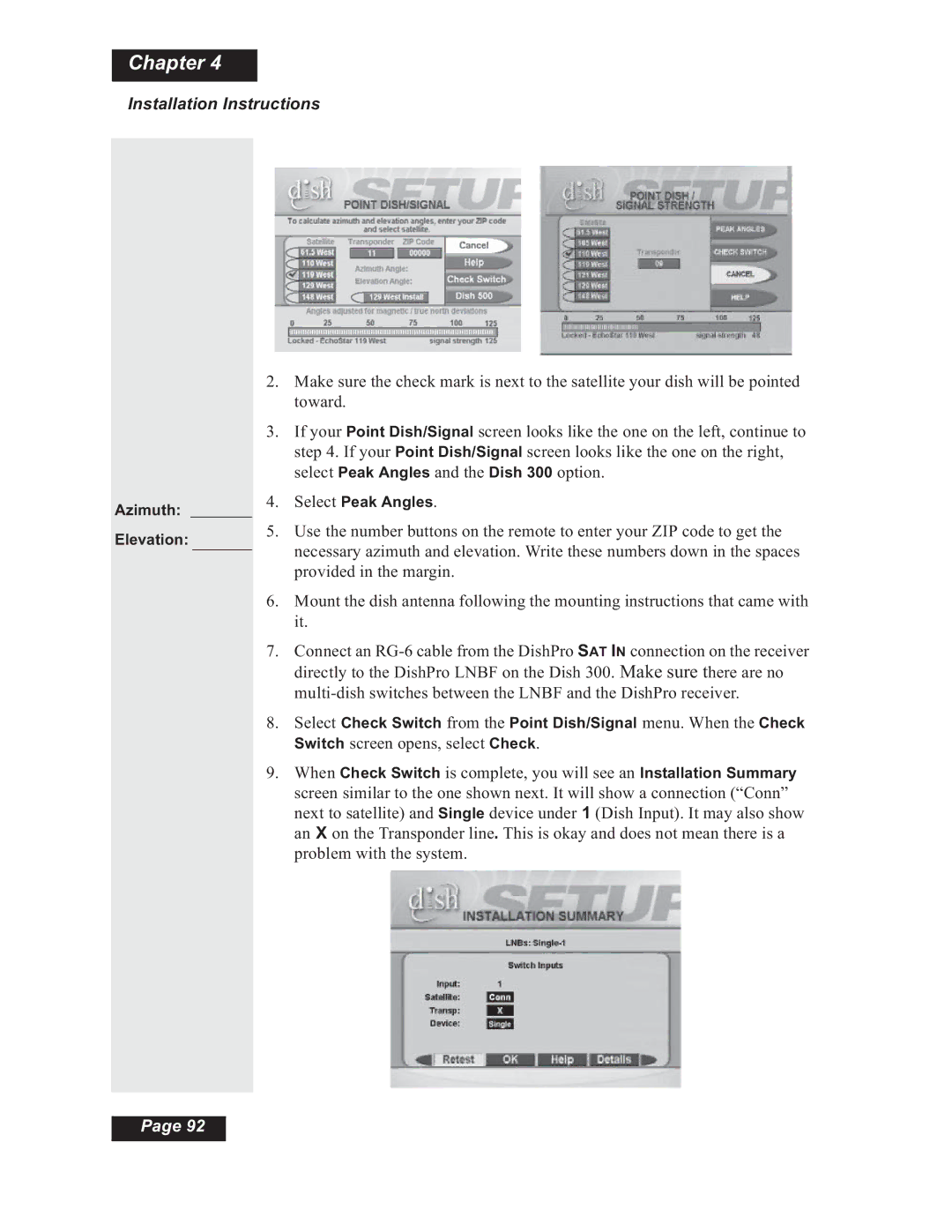 Dish Network Solo 508, Solo 501, Solo 510, 112182 manual Azimuth Elevation 